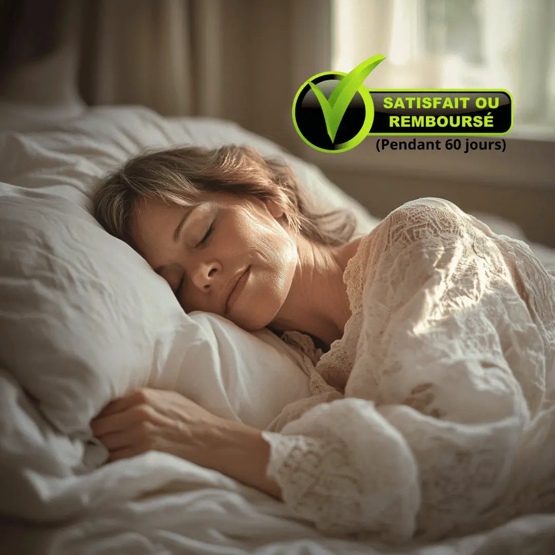 femme qui dort sur un drap de grounding avec badge satisfait ou remboursé