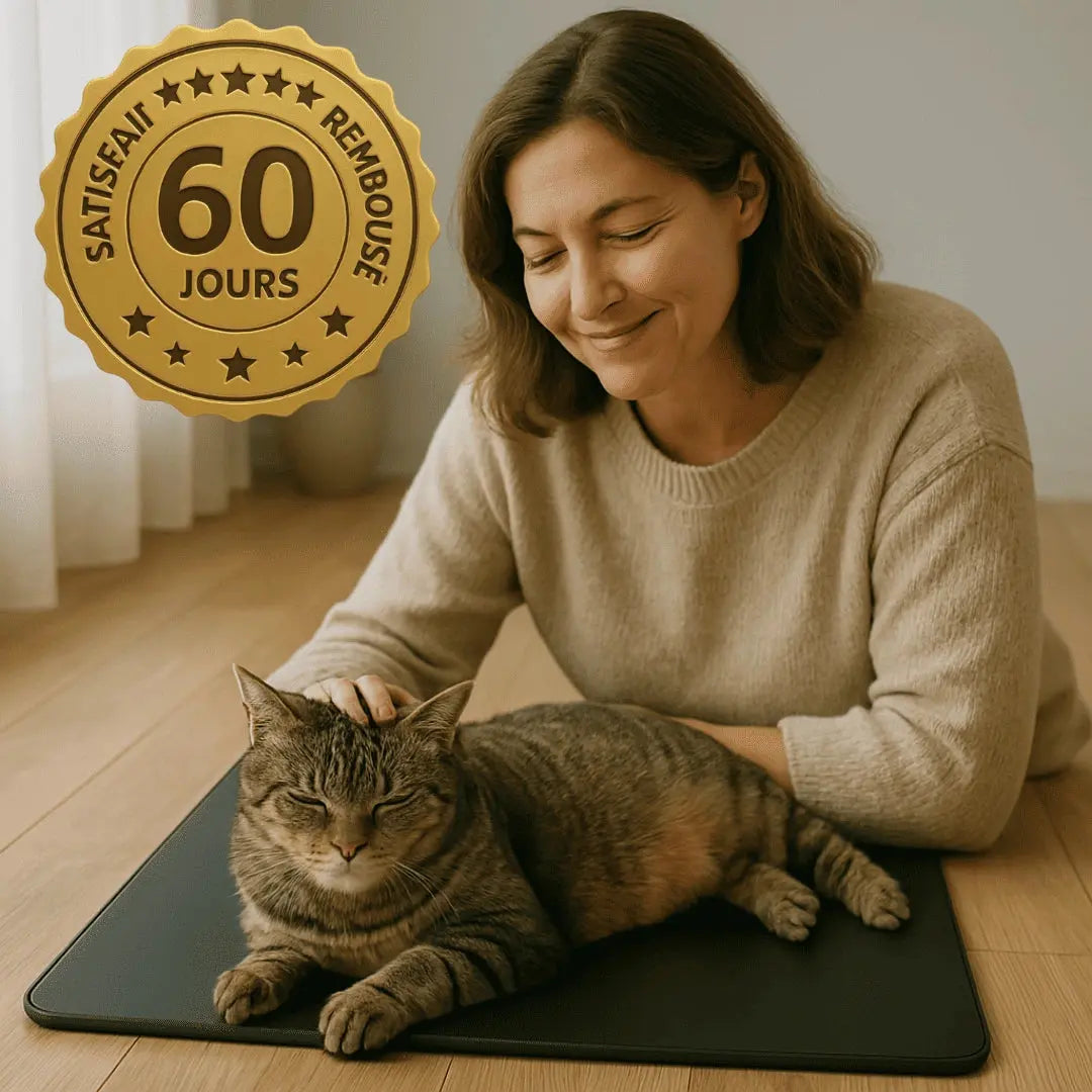 maitre et son animal qui utilise tapis de mise à la terre et badge satisfait ou remboursé 60 jours 