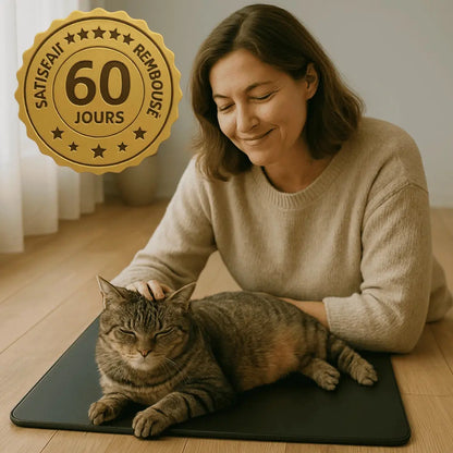 maitre et son animal qui utilise tapis de mise à la terre et badge satisfait ou remboursé 60 jours 