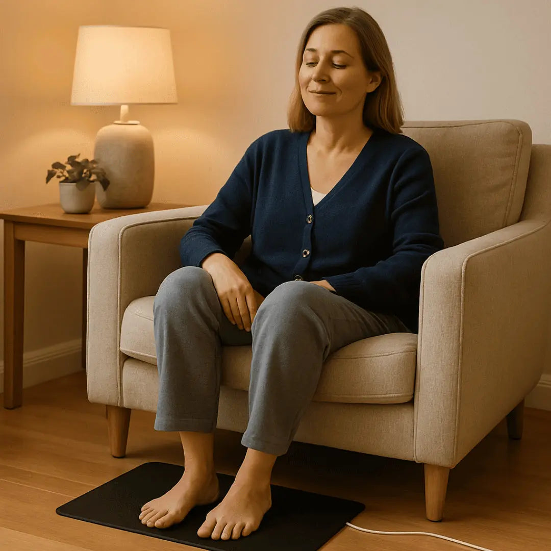 femme qui utilise tapis de grounding dans le salon avec effet relaxation. 